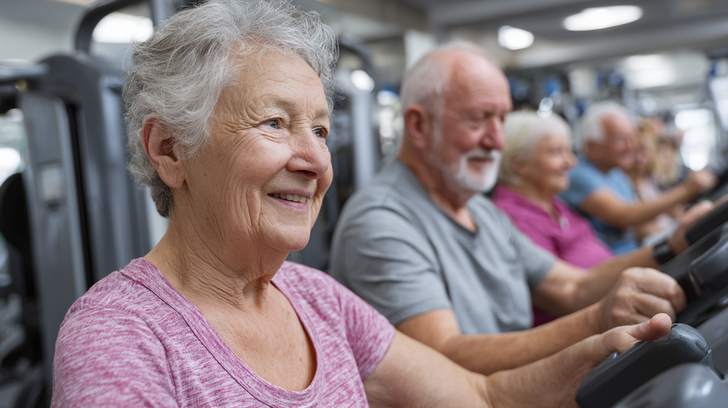 Група активних людей старшого віку на заняттях фітнесом