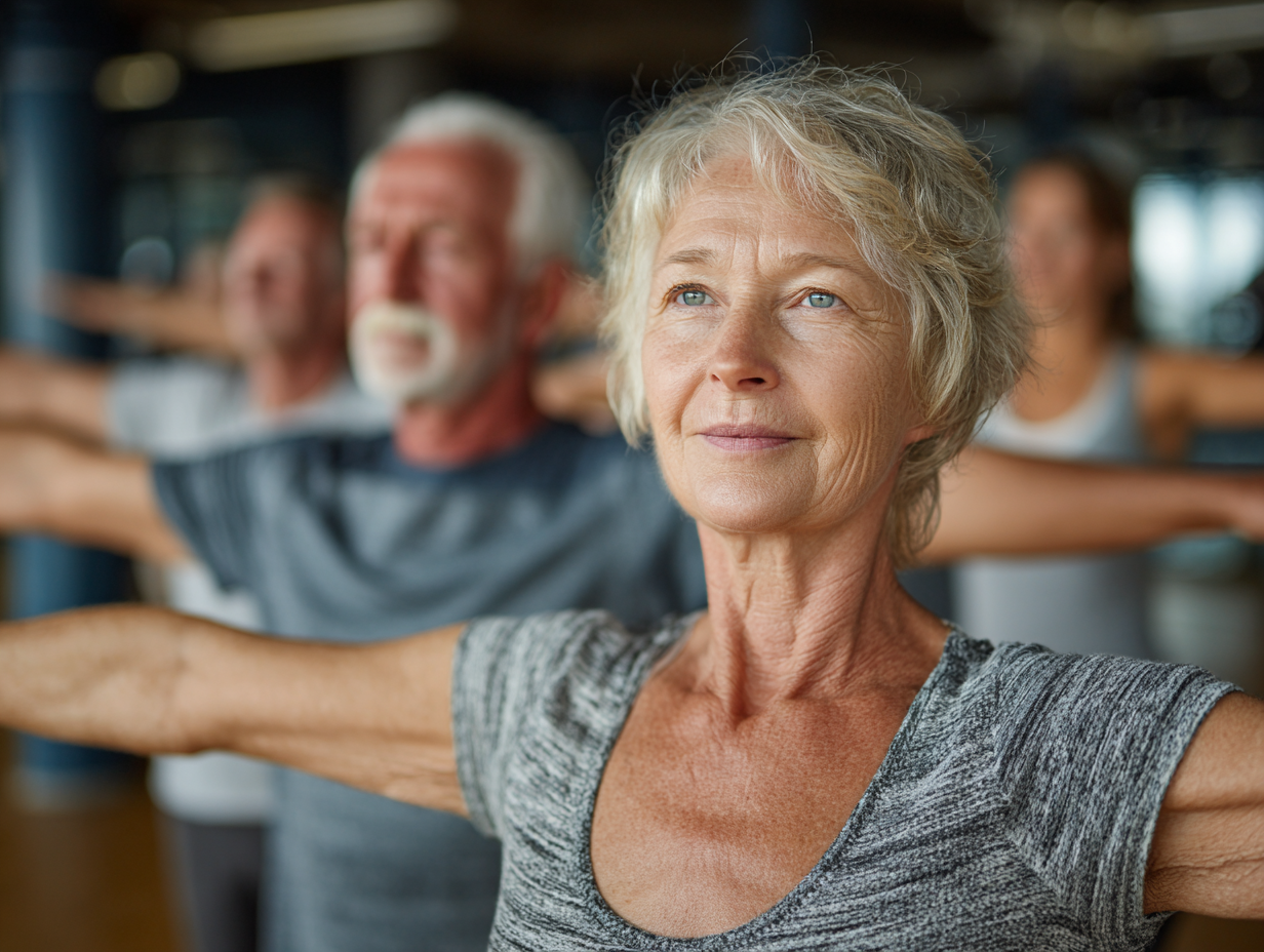 Професійний тренер показує правильну техніку вправ літній людині